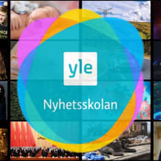 Ett kollage av nyhetsbilder med logon för Yle Nyhetsskolan.