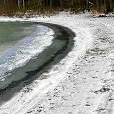 Lumisella rannalla tumma veden reuna.