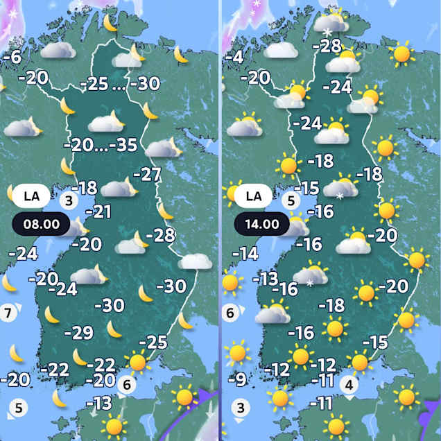 Lauantaiaamun ja -iltapäivän sää.