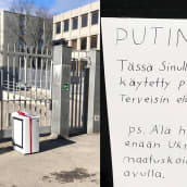 Pyykinpesukone Venäjän suurlähetystön portin edessä ja lappu jossa teksti "Putinille: tässä Sinulle lahjaksi käytetty pesukone. Terveisin eläkeläisnaapuri. Ps. Älä hae niitä enään Ukrainan maatuskoilta armaijan avulla."