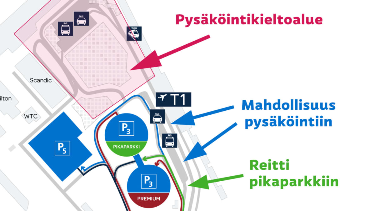 Sinä voit myöhästyä lennolta muiden väärin pysäköimien autojen takia –  Katso kartasta, miten ajat nyt oikein Helsinki-Vantaalla