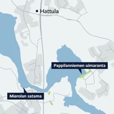 Karttaan on merkitty Mierolan satama ja Pappilanniemen uimaranta.