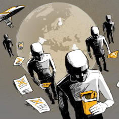 Drawing showing five male figures surrounded by floating papers with Xs on them, with an airplane and globe in the background.