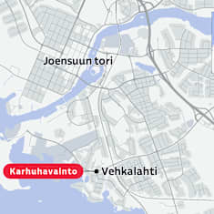 Karttakuvassa Joensuun tori ja Vehkala, jossa punaisella merkattu karhuhavainto.