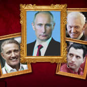 Grafiikkakuvitus, jossa taulunkehyksissä Vladimir Putin, Gennadi Timtsenko, Boris Rotenberg ja Roman Rotenberg. Taustalla punainen tapettikuvio.