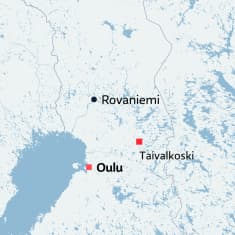 Kartta, jossa näkyy iso osa Pohjois-Suomea, merkittynä Oulu, Taivalkoski ja Rovaniemi.
