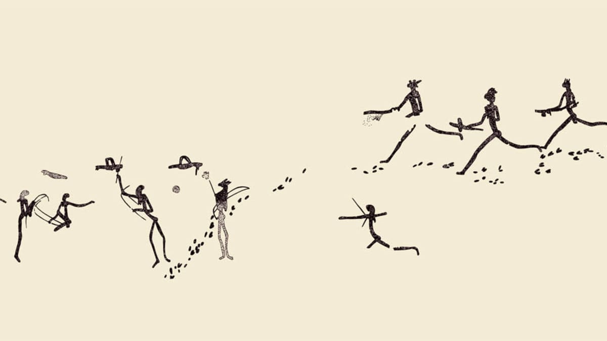 Piirroskuva kalliotaiteen kuvasta, jossa juoksee kahdeksan ihmishahmoa aseet käsissään. 
