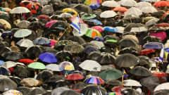 Tuhannet ihmiset osoittivat sateessa sateenvarjojen alla mieltään Benjamin Netanjahun hallitusta vastaan.