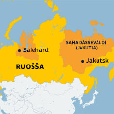 Venäjän kartta, jossa Jamalo-Nenetsin ja Sahan tasavallat ja niiden suurimmat kaupungit.