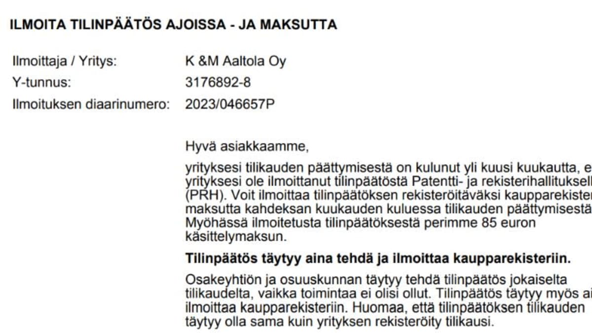 Ote kehotuskirjeestä, jonka Patentti- ja rekisterihallitus lähetti Mika Aaltolan yritykselle kesäkuussa 2023.