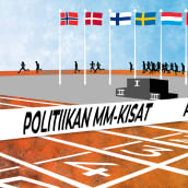 Piirroskuvassa juoksijoita stadionilla ja eri maiden lippuja salossa. Kuvan etualalla maaliviiva ja nauha, jossa teksti "Politiikan MM-kisat".