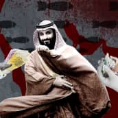 Kuvakollaasi sotaisasta ja verisestä Lähi-Idän kartasta, Saudi-Arabian prinssi Muhammad  bin Salmanista ja käsistä ojentamassa prinssille rahaa.
