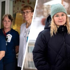 Kaksiosainen kuva, jossa toisessa terveyskeskuksen henkilökuntaa ja toisessa sairaanhoitaja Jenna Seppänen.
