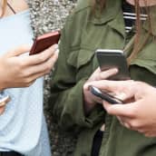 Ungdomar står och tittar på sina mobiltelefoner.