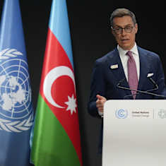 Tasavallan presidentti Alexander Stubb pitämässä avajaispuhetta COP29-ilmastokokouksessa Bakussa.