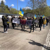 Kulkue marssii Ukrainan lippuja kantaen Kaisaniemessä.