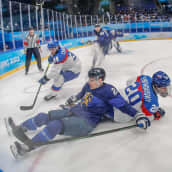 Leijonien Ville Pokka ja Slovakian Juraj Slafkovsky taistelevat Pekingin olympiavälierässä.