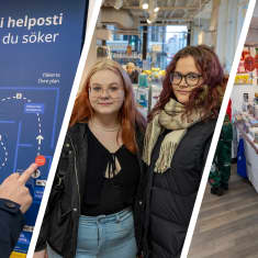 Kolmen kuvan kollaasi. Vasemmalla Ikean osastojen kartta, jossa sormi osoittaa karttaa, keskellä kaksi nuorta naista katsovat kohti kameraa Tiger -kaupassa, oikealla Flying Tiger Copenhagen Tampereen myymälän myyntihylly täynnä tavaraa.