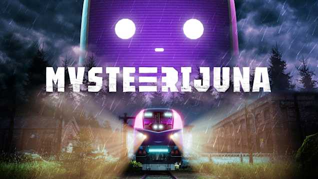 Etualalla mystisen näköinen juna pimeässä metsässä, taka-alalla hahmo valkoisin silmin, lisäksii logo jossa lukee mysteerijuna.