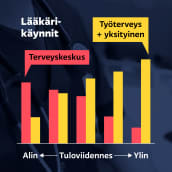 Grafiikka näyttää suomalaisten vuosittaiset lääkärikäynnit tuloryhmittäin. Suurituloiset käyvät lääkärillä selvästi pienituloisia enemmän. Suurituloiset käyttävät myös selvästi enemmän työterveyden ja yksityisiä lääkäripalveluja, kun taas pienituloiset käyttävät selkeästi enemmän terveyskeskuslääkäripalveluja.