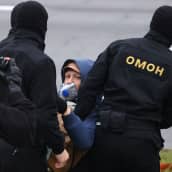 Poliisit kantavat kasvomaskilla suojautunutta mielenosoittajaa