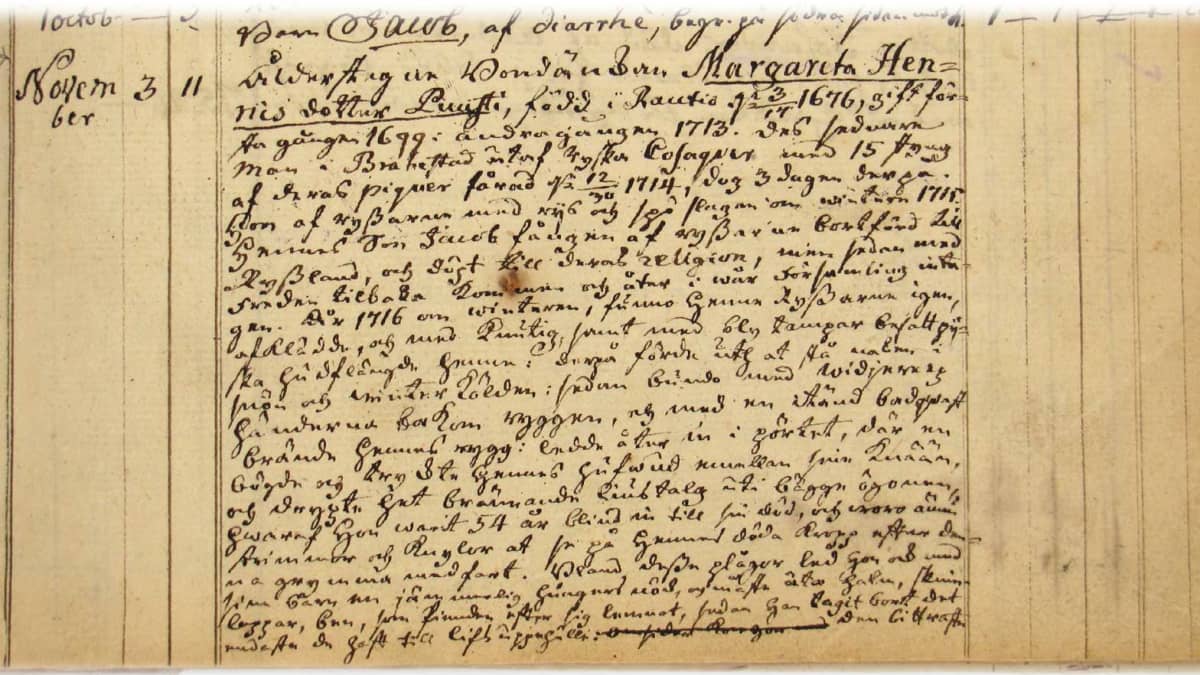 Saloisten kirkonarkiston kuolleiden luetteloon vuodelta 1770 on pappi tallentanut Margeta Henricsdotter Puustin järkyttävän elämäntarinan