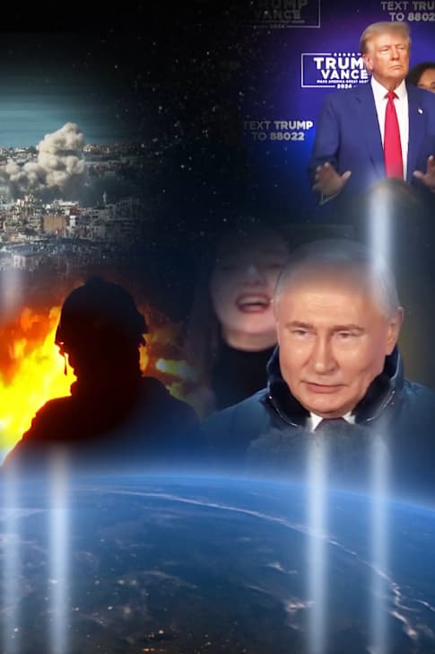 Bilder av Trump, Putin, en brand och en bomb som briserar skjuter upp från jorden ut i rymden.