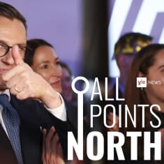 Finlands newly elected president Alexander Stubb and All points North logo. 