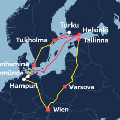 Kartalla kolme eri reittiä Suomesta Keski-Eurooppaan.