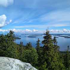 Kuvassa kansallismaisema Kolin huipulta. Maisemaan on lisätty näkymä mahdollisista tuulivoimaloista noin 20 kilometrin päähän. 