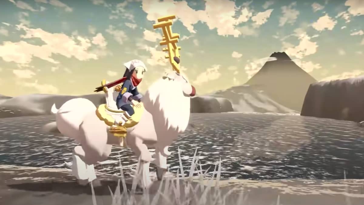 Kuvakaappaus Pokémon Legends: Arceus -videopelin trailerista. Kuvassa tyttö ratsastaa hirvieläimeltä näyttävältä olennolta.