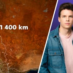 Kaksiosainen kuva. Vasemmalla grafiikkaa, jossa näkyy 1 400 kilometrin tiematka Länsi-Australiassa, oikealla toimittaja Antti Kurra.