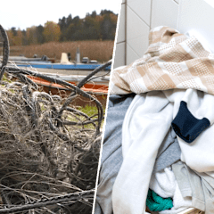 Kollage av fyra bilder föreställande fisknät, smutstvätt, ett fågelbord och ett skafferi.