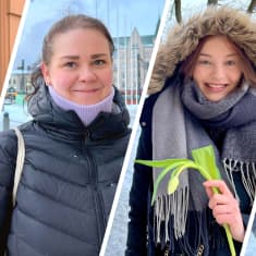 Kuvakollaasi neljästä naisesta hymyilemässä kameralle. Kaikki naiset ovat pukeutuneet talvivaatteisiin, ja kuvat on otettu Tampereen keskustorin ympäristössä.