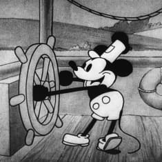 Animaatiohahmo Mikki Hiiri ohjaa ruorilla venettä.