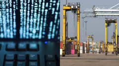 Koodeja tietokoneen näytöllä sekä Kotkan satamassa liikkuvia lukkeja.
