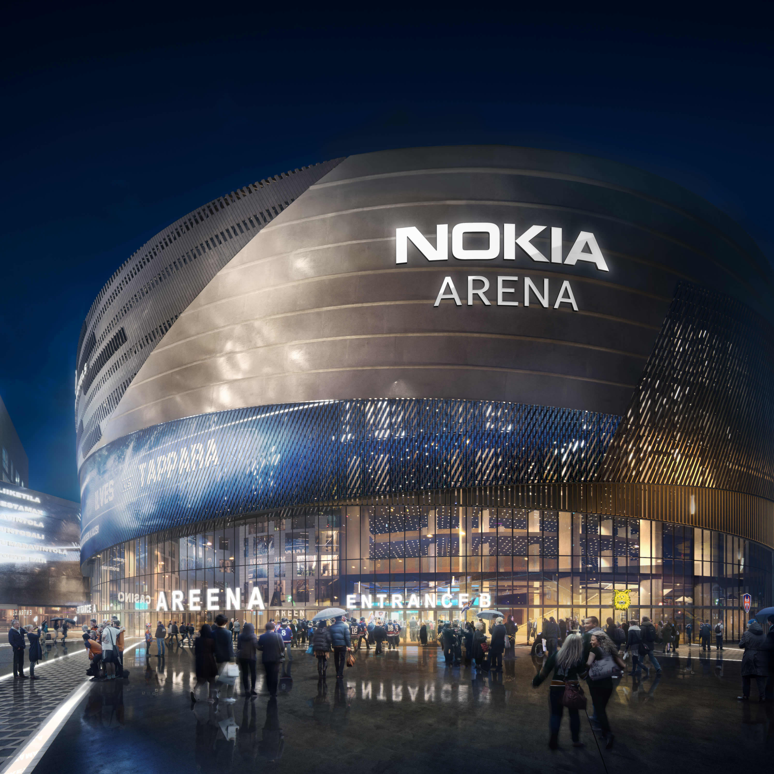 Havainnekuvassa valmistunut areena ja sen kyljessä valokirjaimin Nokian logo.