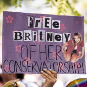 Mielenosoittajan kyltissä lukee "Britney vapaaksi holhouksesta".