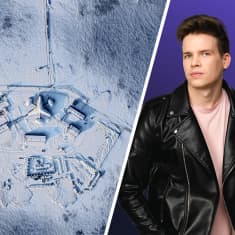 Kuvakombo. Vasemmalla kuva Venäjän sotilastukikohdasta arktisella alueella, keskellä satelliittikuva sotilastukikohdasta, oikealla toimittaja Antti Kurra.