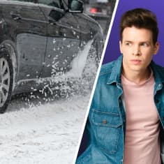 Vasemmalla henkilöauto ajaa lumisella tiellä. Oikealla rajatumpi erillinen kuva toimittaja Antti Kurrasta.