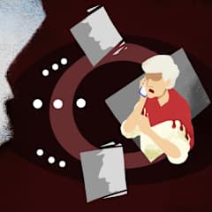 Kuvituskuva. Kaksi henkilöä puhuu puhelimeen. vanhemman ihmisen tausta punertava ja taustalla silmä