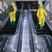 Kaksi suoja-asuista henkilöä vierekkäsissä liukuportaissa.