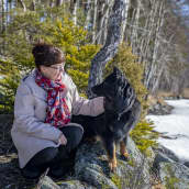 Riitta Mustonen Saimaan rannalla tsekinpaimenkoira Viljon kanssa.
