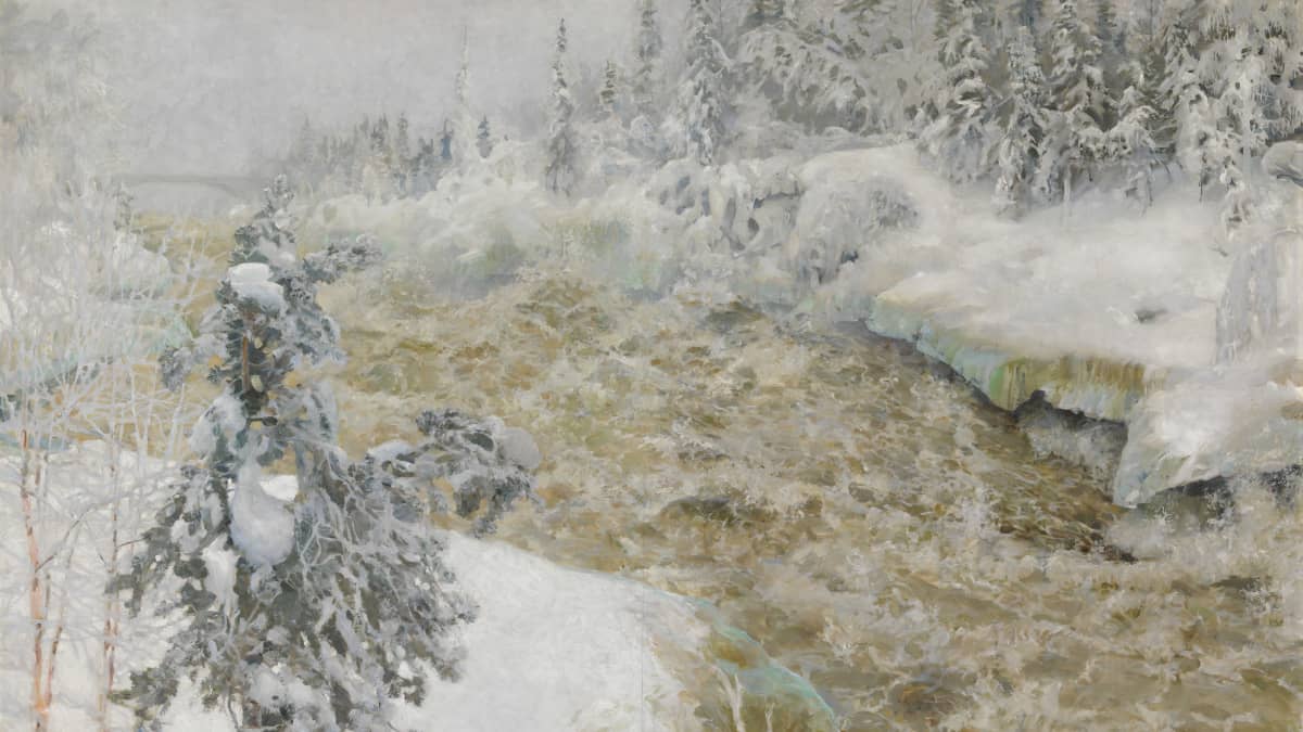 Maalaus jossa Imatran koski kuohuaa lumen keskellä. Etualalla männynraasku ja joen toisella puolella metsää.