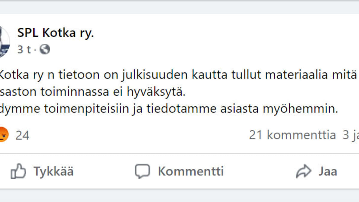 Kuvakaappaus SPL Kotka ry:n Facebook-päivityksestä