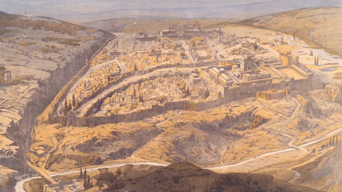 Opetustaulu jossa kuvattuna Jerusalem ylhäältä vuorelta nähtynä.