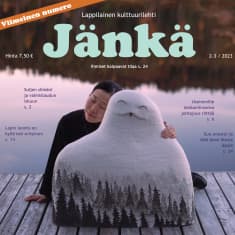 Jänkä-lehden kansikuva, jonka kuvassa laiturilla tyynen veden äärellä istuu tummahiuksinen nainen vaalean muumimaisen hahmon takana.