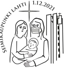 Postin erikoisleima Lahdessa jouluna 2021. Perinteine seimisetelma missä Joosefilla kasvomaski.