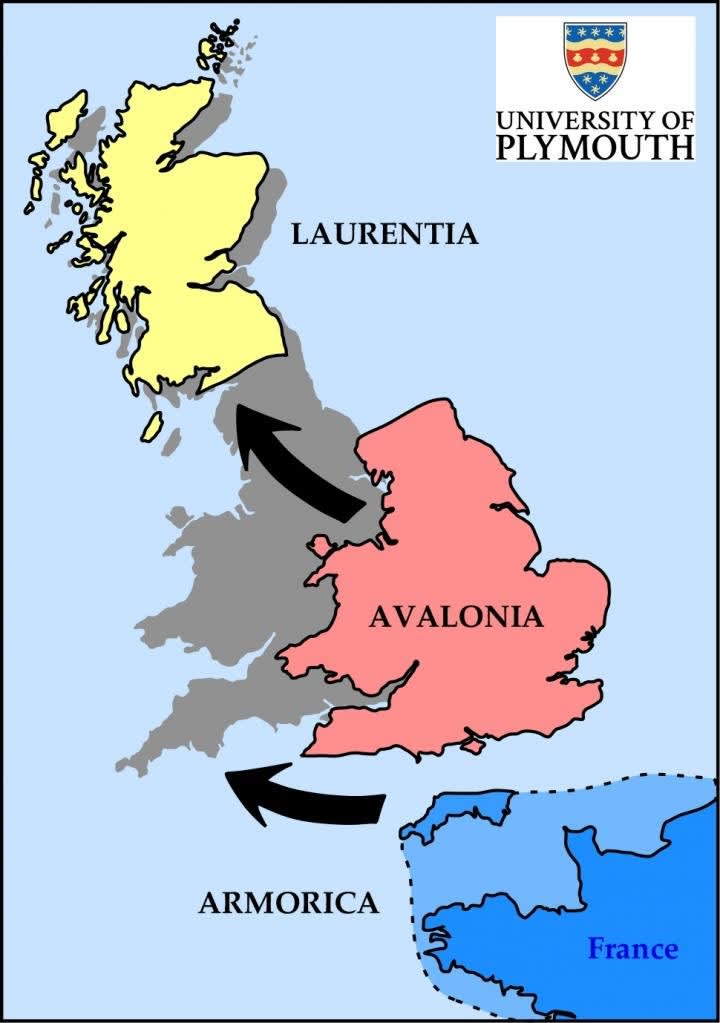 Piirroskartta Laurentian, Avalonian ja Armorican sijainnista nykyisessä Britanniassa.