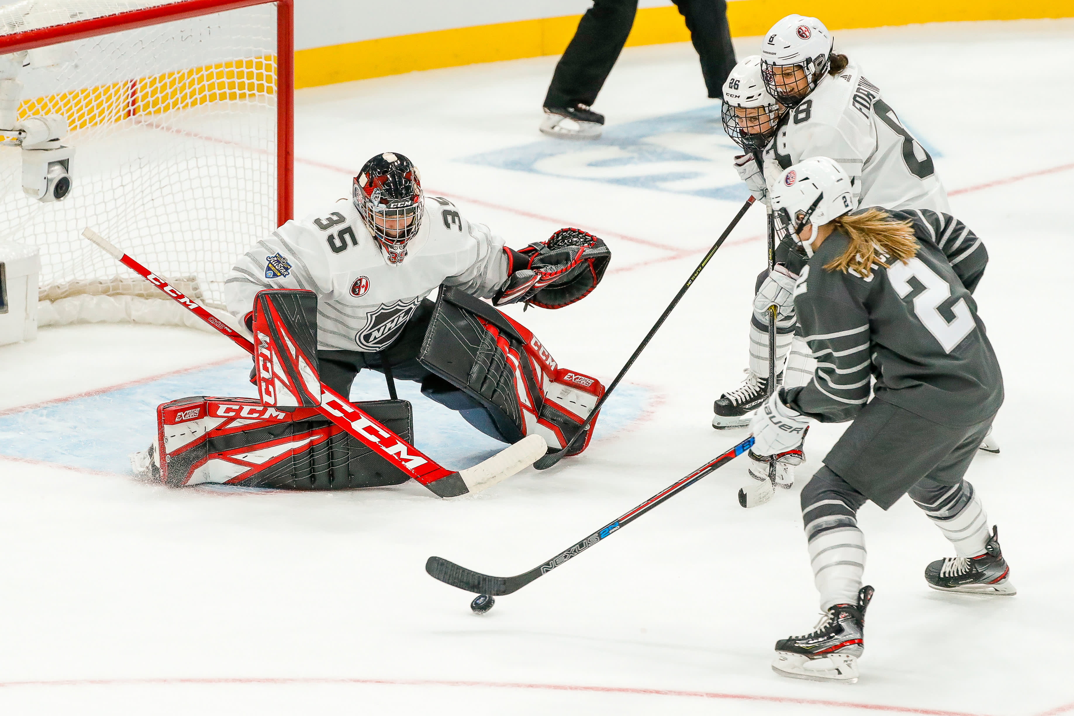 Team Canada goaltender Ann-Renee Desbiens (35) prepares to make save on shot by Team USA defenseman Lee Stecklein (2) during the 2020 NHL All-Star Skills Elite Women's 3-on-3 presented by Adidas on January 24, 2020, at Enterprise Center in St. Louis, MO. (Photo by John Crouch/Icon Sportswire via Getty Images)